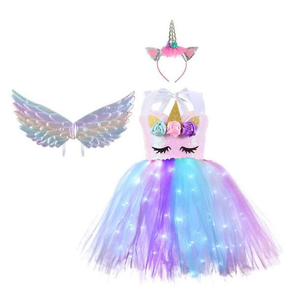 Fashion New Brand Girls Dress Luminous Unicorn Mesh Cos Party